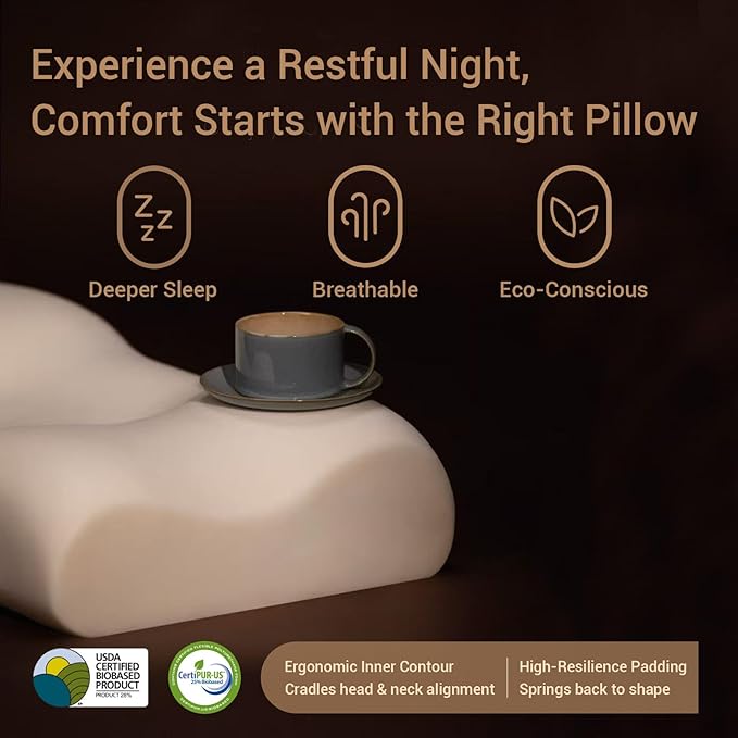 Cervical Memory Foam Pillow for Sleeping, Ergonomic Neck Pain Relief Support for Side, Back, and Stomach Sleepers, Breathable Contoured Design
