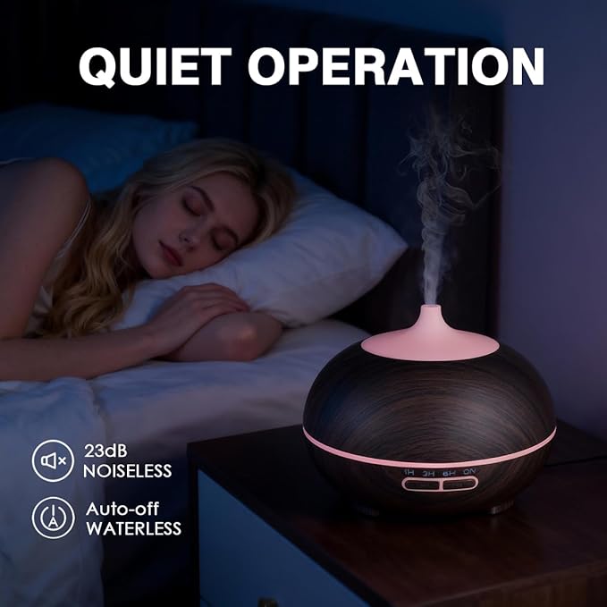 550ml Large Capacity Essential Oil Diffuser with 6 Essential Oil Set, Aromatherapy Ultrasonic Air Humidifier with Timer Setting, 7 Color LED Night Light and Waterless Auto-Off Functions for Home, Spa
