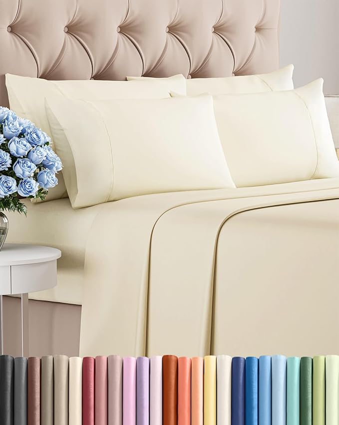 Cal King 6 Piece Sheet Set - Comfy, Breathable & Cooling - Soft Hotel Luxury Bedding for Women, Men, Kids, Teens and Children - 1 Flat & 1 Fitted Sheet & 4 Pillowcases with Deep Pockets - Off White
