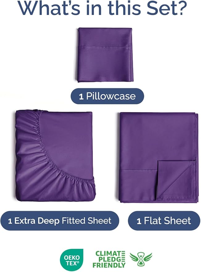 Extra Deep Twin Sheet Set - 3 Piece Breathable & Cooling Bed Sheets - Easily Fits 18 to 24 inch Mattress - Ultra Soft, Wrinkle & Fade Free w/ Extra Deep Pockets - Comfy Hotel Luxury Bedding - Purple