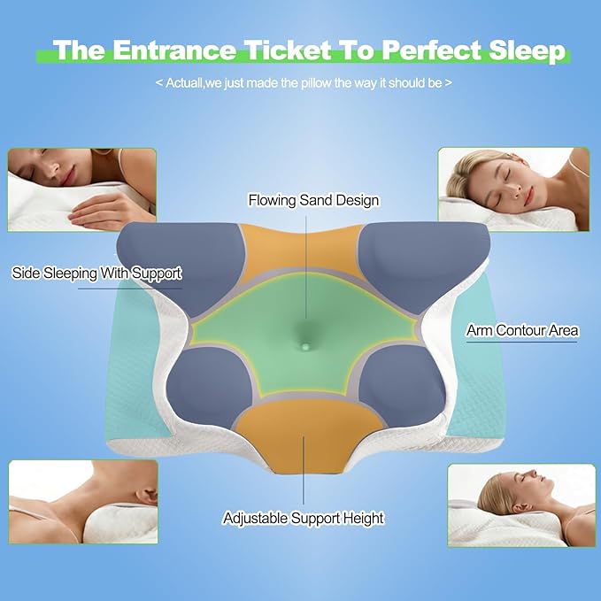 Ergo Cervical Neck Pillow – Ergonomic Neck Pain Relief Pillow for Deep Sleep, Contour Memory Foam Support, Odorless, Cooling Breathable Pillowcase, Ideal for Side Back Stomach Sleepers (Grey)