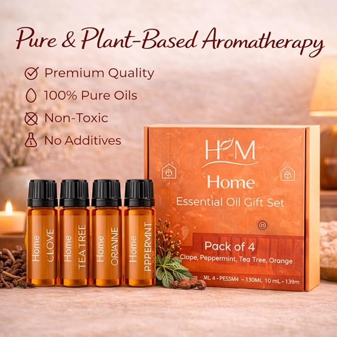 HM Home Essential Oil Gift Set, 4 Pack - Clove, Peppermint, Tea Tree & Orange - Aromatherapy Oils for Diffuser, Humidifier, Home Fragrance, Housewarming & Self Care Gifts - 10 mL Each