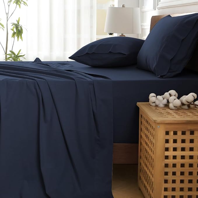 HYPREST Extra Deep Pocket Queen Sheet Sets Fits 18"-24" in Thick Mattress -100% Cotton Queen Sheet Set,Navy Blue Sheets Soft Wrinkle Free Cooling Sheet Sets for Queen Bed Deep Pocket