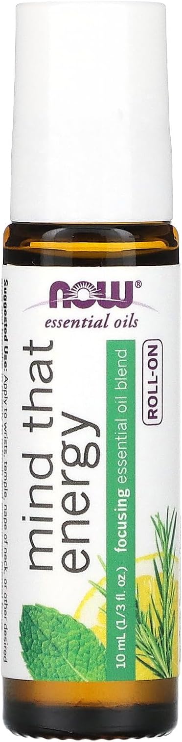 NOW Essential Oils, Mind That Energy Roll On, Non-GMO Project Verified, Focusing Blend, Steam Distilled, Topical Aromatherapy, 10-mL