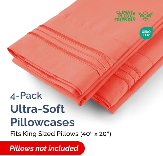 King Pillow Cases Set of 4 - Ultra Soft Hotel Quality Pillowcase Covers - Comfy, Cozy & Wrinkle Free - Shrinkage, Stain and Fade Resistant - Machine Washable Pillow Protectors - 4 Piece Set - Coral