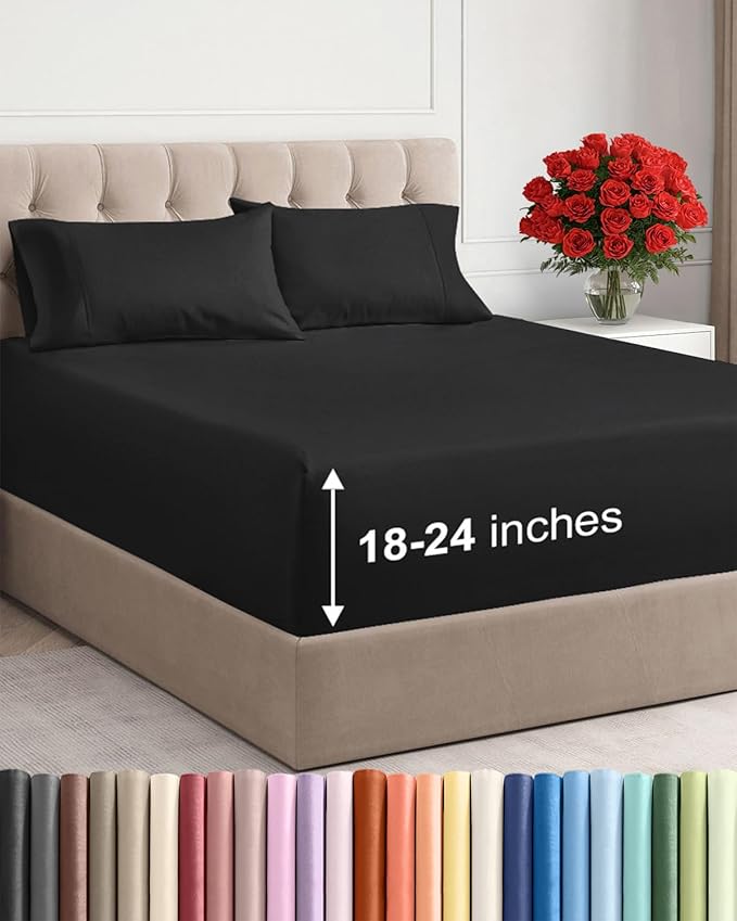 Extra Deep Cal King Sheet Set - 4 Piece Breathable & Cooling Bed Sheets - Easily Fits 18 to 24 inch Mattress - Ultra Soft, Wrinkle & Fade Free with Extra Deep Pockets - Hotel Luxury Bedding - Black