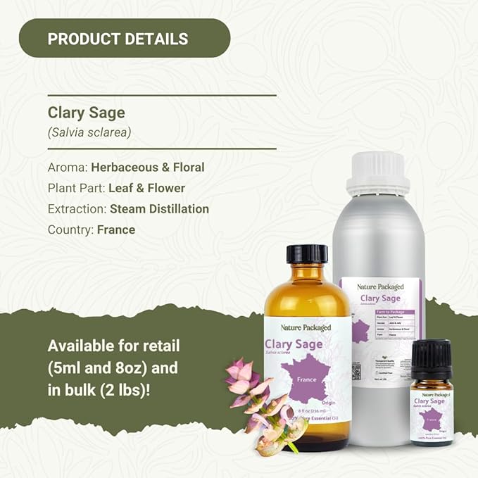 Clary Sage Essential Oil - Direct from France - Steam Distilled - Aceite de Salvia Esclarea for Aromatherapy, Massage, Diffuser, DIY Candle and Soap Making - 5ml