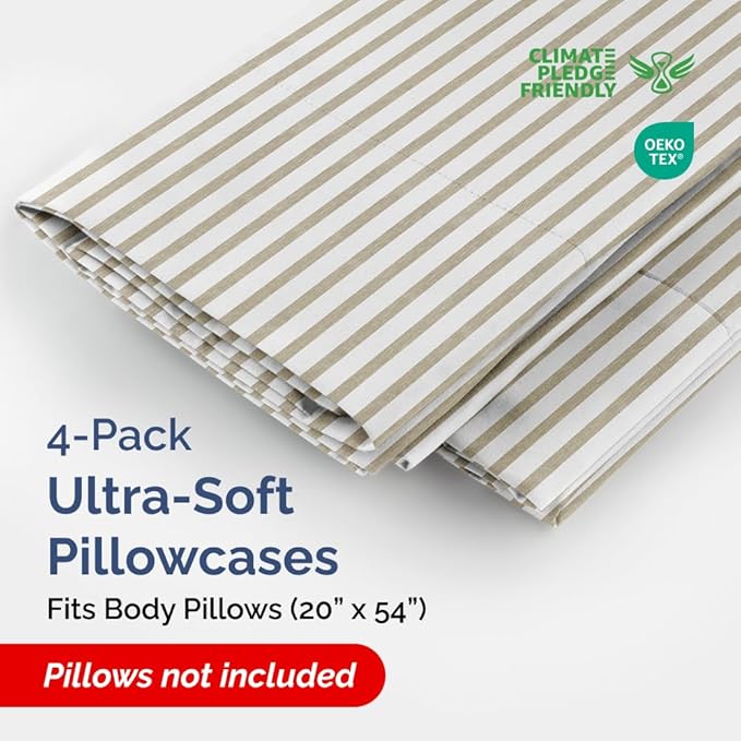 Body Pillowcases Set of 4-20x54 Long Body Pillow Case - Soft Body Pillow Cover for Sleeping & Side Sleepers - Comfy, Breathable & Fade Free - Machine Washable w/Envelope Enclosure - (Beige Stripes)