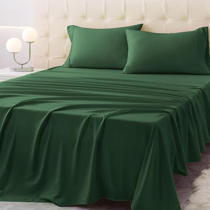 King Size Bed Sheet Set - 4 Piece Soft Microfiber Sheets with Deep Pockets, Cooling Technology, and Wrinkle-Free Pillowcase. Hotel-Quality, Durable Bedding, Eden Green