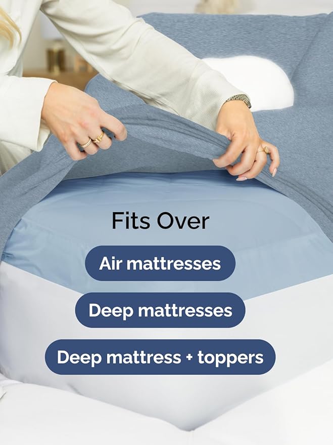 Extra Deep Split King Sheet Set - 5 Piece Breathable & Cooling Bed Sheets - Easily Fits 18 to 24 inch Mattress - Soft, Wrinkle & Fade Free w/ Extra Deep Pockets - Hotel Luxury Bedding - Heathered Blue