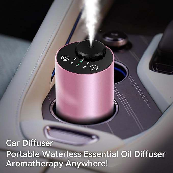 Waterless Essential Oil Diffuser, 7 Colors LED Light, Battery Powered Mini Scent Air Machine, Aromatherapy Mist Diffuser for Home Room Car Office，Black Aluminum Alloy (pink2)