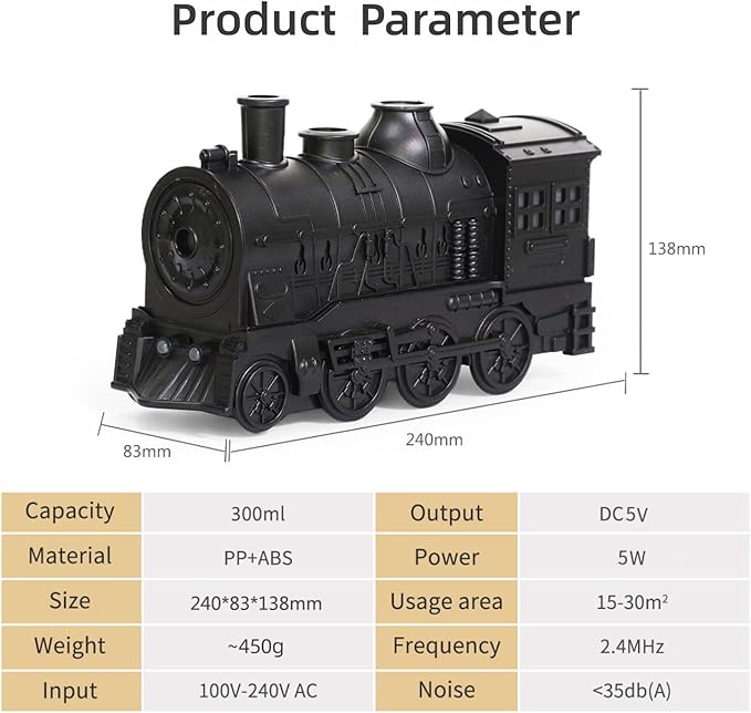 Train Diffuser, Train-Shaped Essential Oil Diffuser, Cool Mist Humidifier, Dual-Color LED Night Light, 300ml Capacity with Dual Mist Modes, Home Decor with 2-8Hour Timer (Black)