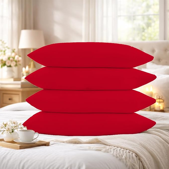 400 Thread Count 100% Egyptian Cotton Queen Size Pillowcases Set of 4, Soft & Breathable Sateen Weave, Envelope Closure, Hotel Luxury Bed Linen, Durable & Fade Resistant, 20"x30", Red