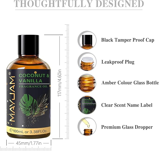 MAYJAM Coconut & Vanilla Fragrance Oils Essential Oil - Coconut & Vanilla Oil for Diffusers, 3.38FL.OZ/100ML Large Volume Fragrance Oil with Premium Glass Dropper