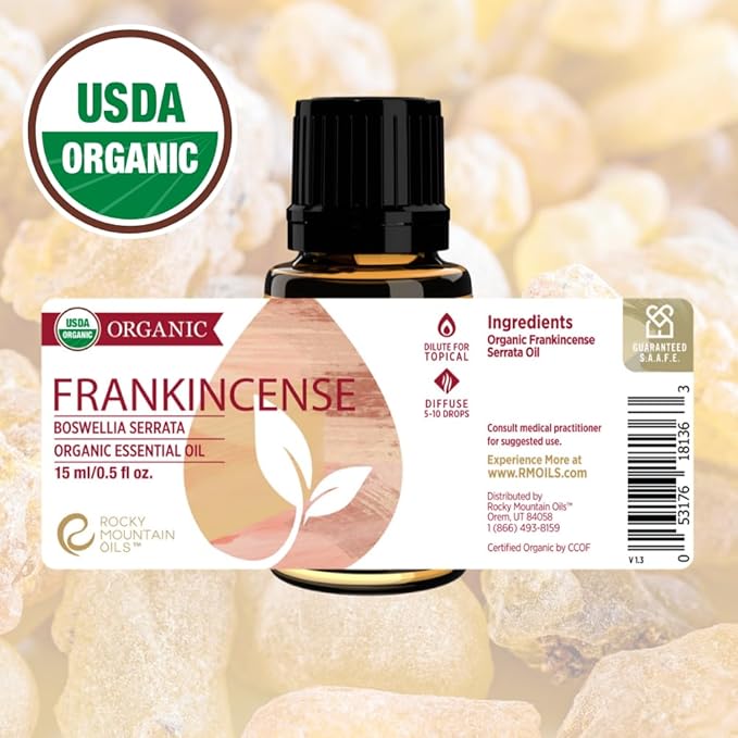 Rocky Mountain Oils Organic Frankincense Essential Oil - 100% Pure & Natural Aromatherapy Grade | Rich, Sweet Scent Diffusers Oil, Home, Hair Care, DIY Candle Making, Spa and Hotel Diffuser 15ml