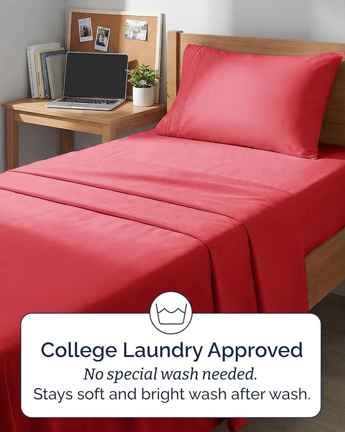 Twin XL 4 Piece Sheet Set - Comfy, Breathable & Cooling - Hotel Luxury Bedding for Women, Men, Kids, Teens and Children - 1 Flat & 1 Fitted Sheet & 2 Pillowcases w/ Deep Pockets - Wrinkle Free - Red