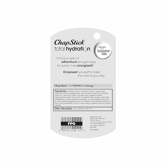 ChapStick Total Hydration Essential Oils Energy Lip Balm, Lime + Grapefruit Lip Balm Tube, Lip Care - 0.12 Oz