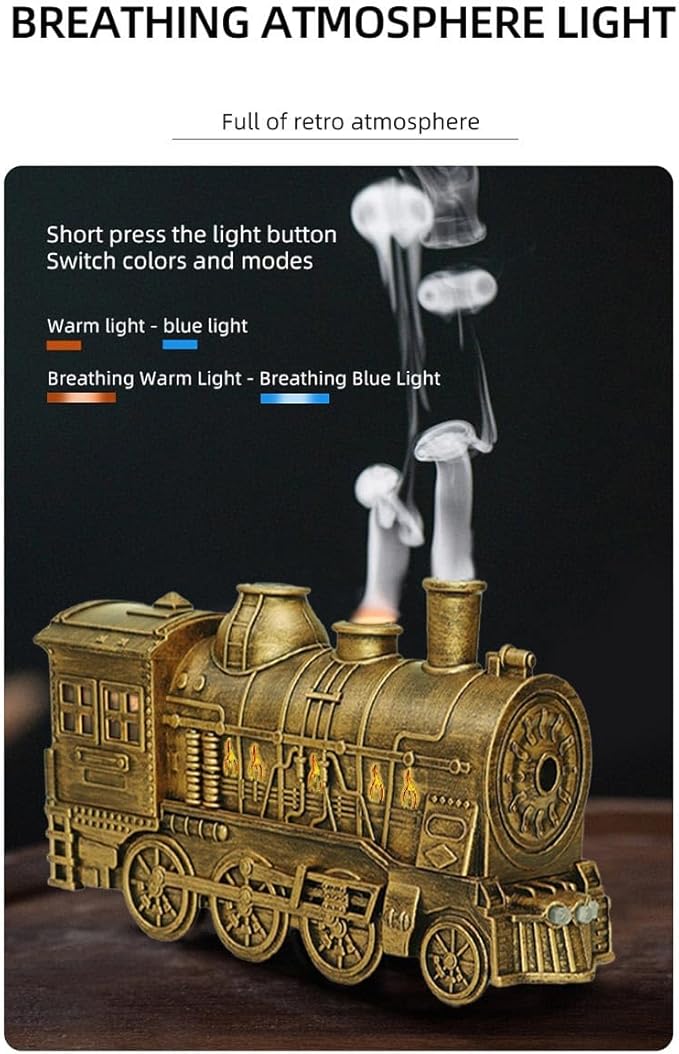 300ml Vintage Steam Train Essential Oil Diffuser, Humidifier with Dual-Color LED Light, Ultra-Quiet Aromatherapy, Auto Shut-Off, Adjustable Mist Modes, for Home, Office
