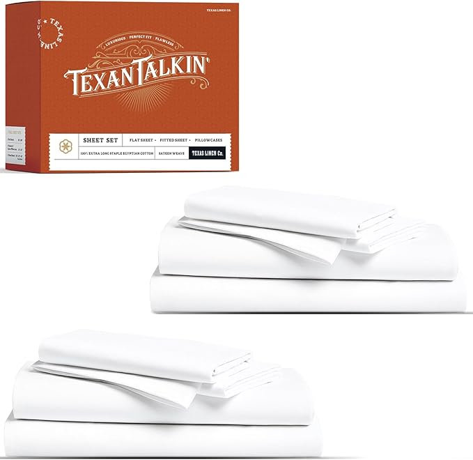 TEXAS LINEN CO. 100% Egyptian Cotton Queen Sheet Set Pack of 2 - Luxury Texan Talkin' Collection 600 Series Egyptian Cotton Sheets Queen Size (8 PC, White), Cooling, 16" Deep Pocket Bed Sheet Set