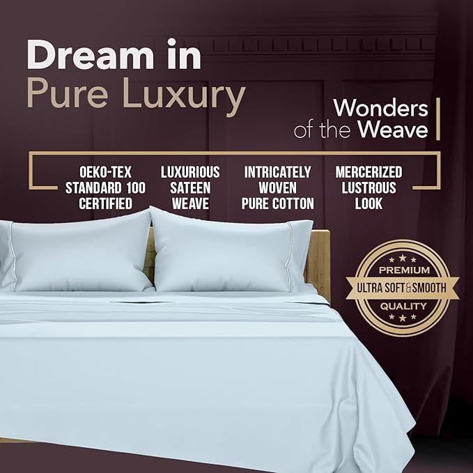 TEXAS LINEN CO. 100% Egyptian Cotton Sheets King Size - Snoozin' Supreme Collection 2000 Series Luxury King Bed Sheet Set, Cooling Sateen Weave, 17” Extra Deep Pocket Hotel Sheets (4 Pc, Light Blue)