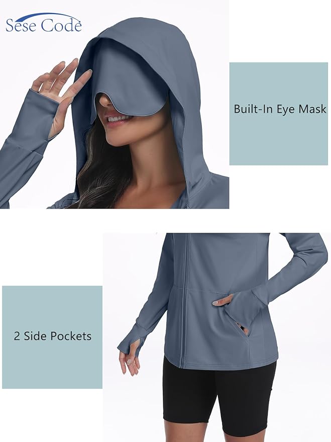 SeSe Code UPF 50+ Hoodie With Eye Mask Womens Zip Up Travel Jackets Sleep Sun Protection Shirts Pockets Outdoor Nap