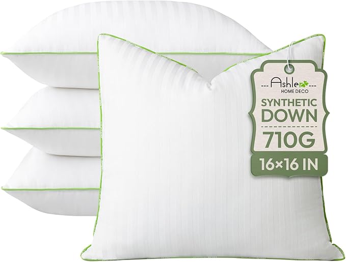 Ashler Home Deco Synthetic Down Pillow Inserts, 16x16 Down Alternative Throw Pillows Insert Sleeping Pillows with 100% Cotton Cover Decorative Pillow Stuffer for Sofa, Couch Bed(Set of 4, White)