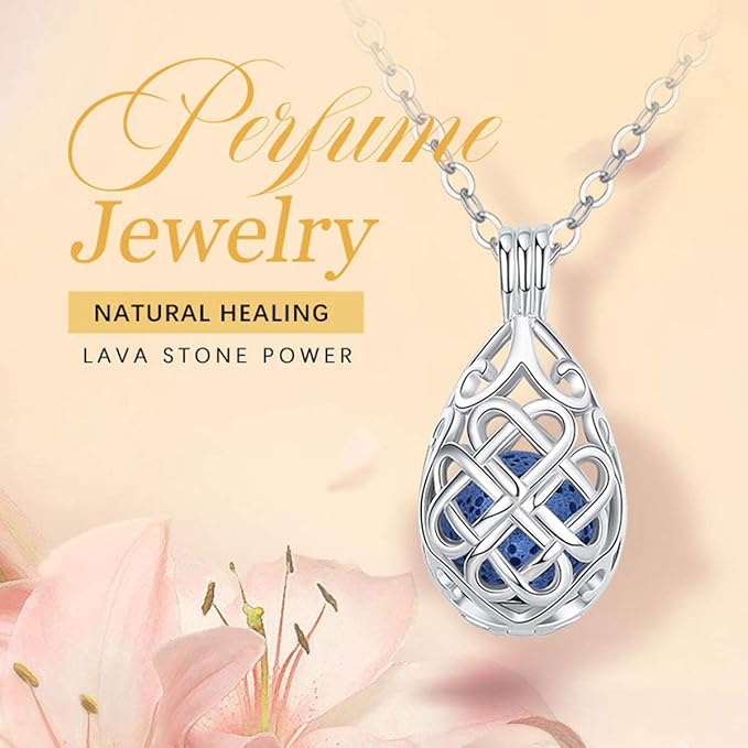 INFUSEU Celtic Jewelry for Women Essential Oil Diffuser Necklaces Aromatherapy Gifts Lava Rock Stone Irish Knot Teardrop Pendant Aroma Perfume Spiritual Items for Meditation Yoga
