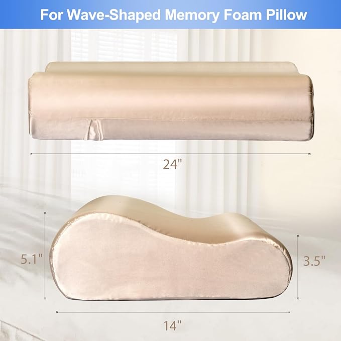 Satin Pillowcase for Contour Memory Foam Pillows, 24" x 14" x 5.1"/3.5" Cervical Pillow Case, Soft Pillow Cover for Sleeping Pillows (Champagne)