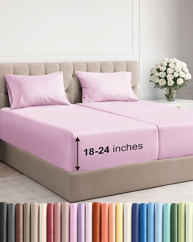Extra Deep Split King Sheet Set - 5 Piece Breathable & Cooling Bed Sheets - Easily Fits 18 to 24 inch Mattress - Soft, Wrinkle & Fade Free with Extra Deep Pockets - Hotel Luxury Bedding - Light Pink