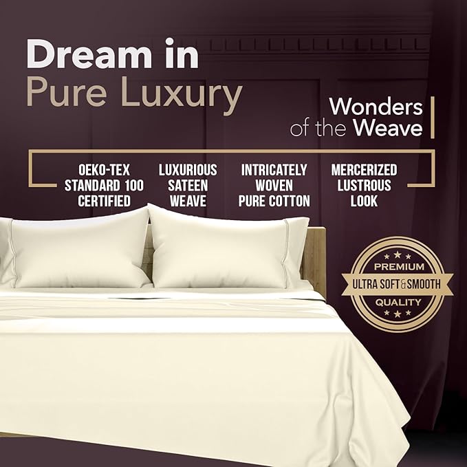 TEXAS LINEN CO. 100% Egyptian Cotton Sheets Queen Size - Snoozin' Supreme Collection 2000 Series Luxury Queen Bed Sheet Set, Cooling Sateen Weave, 17” Extra Deep Pocket Hotel Sheets (4 Pc, Ivory)