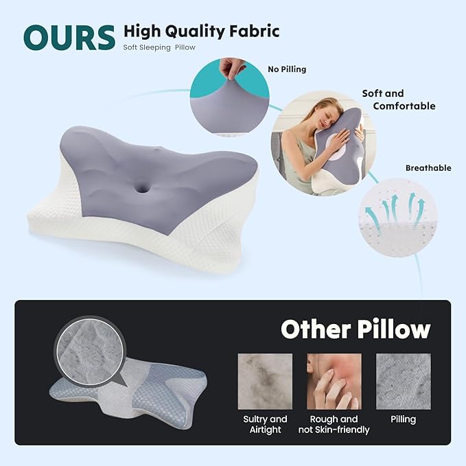 Sweetcrispy 2 Pack Cooling Ergonomic Memory Foam Cervical Pillow for Neck and Shoulder, Orthopedic Neck Support for Back Stomach Sleepers, Contour Side Sleeper for Adults, King, Dark Grey