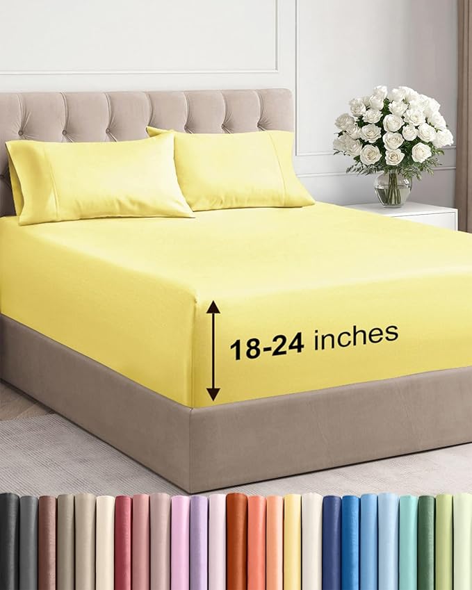 Extra Deep Cal King Sheet Set - 4 Piece Breathable & Cooling Bed Sheets - Easily Fits 18 to 24 inch Mattress - Ultra Soft, Wrinkle & Fade Free with Extra Deep Pockets - Hotel Luxury Bedding - Yellow