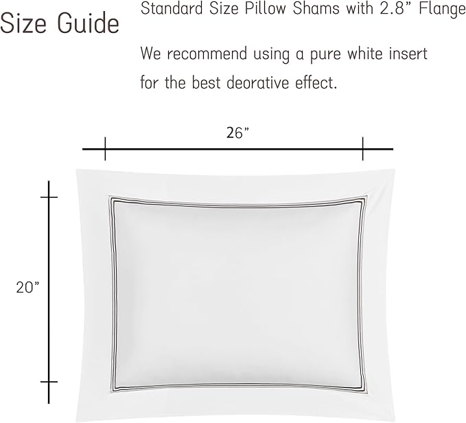White Pillow Shams Standard Size Set of 2, 100% Cotton Luxury Hotel 3-Lines Embroidered Pillowcases, 400TC Sateen Weave Decorative Pillow Cases with Envelope Closure for Bedding, 20x26 Inches