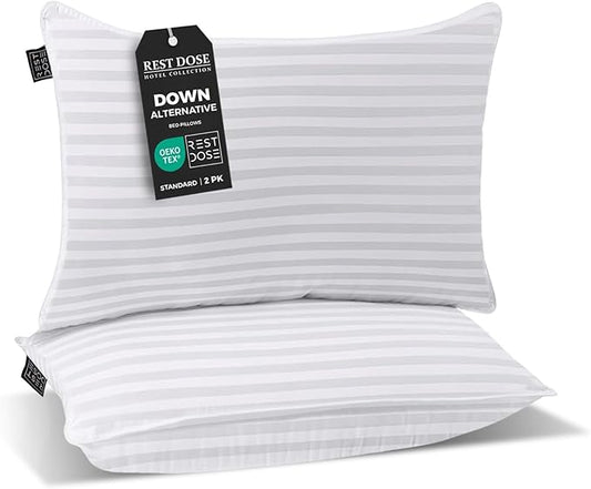 Bed Pillows for Sleeping, Set of 2 – Cooling, Hotel Quality with Soft Down Alternative Fill for Back, Stomach & Side Sleepers | White Striped King