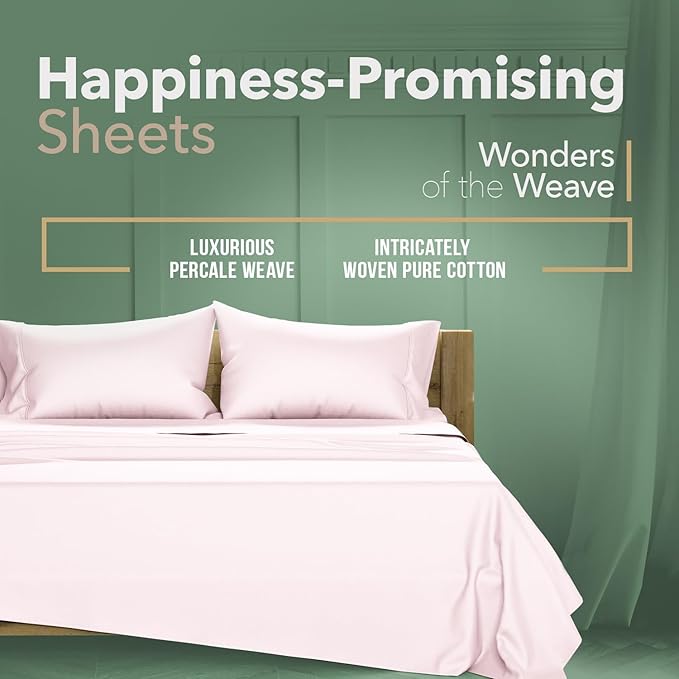 TEXAS LINEN CO. 100% Organic Cotton Sheets Twin XL Size - 3 PC Organic Cotton Twin XL Size Percale Weave Sheet Set, Soft, Cooling, Crisp & Breathable, 16" Deep Pocket Hotel Quality Bedding Set - Blush