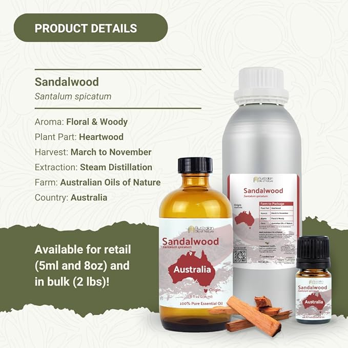 Sandalwood Essential Oil - Direct from Australian Oils of Nature - Steam Distilled - Aceite Esencial de Sándalo for Aromatherapy, Massage, Diffuser, DIY Candle and Soap Making - 5ml