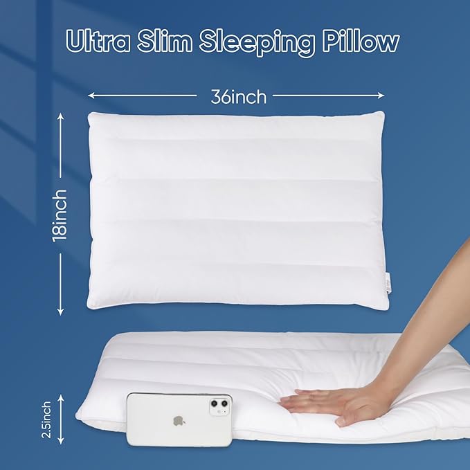 MINUPWELL 2 Packs Ultra Flat Pillows for Sleeping Thin, 7D High Support 2.5 inch Height Ultra Thin Pillows,Slim Bed Pillows for Stomach Sleeper,King Size -18x36 in