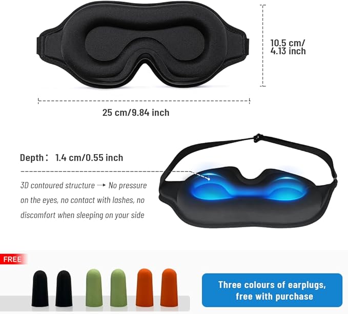 3D Cooling Sleep Mask, 100% Blackout Eye Mask for Side & Light Sleepers, Zero-Pressure Adjustable Blindfold for Travel, Naps & Shift Work (Black)