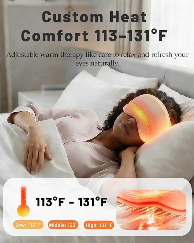 Sleep Mask with Heat,4 Modes 3 Temperature Settings,6 Airbags Compression Head and Eye Massager,Eye Care Device with Remote Control, Portable Relaxation for Home Travel Office Use (Creamy White)