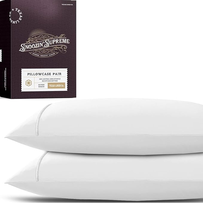 TEXAS LINEN CO. 100% Egyptian Cotton Pillowcases Queen Size Set of 2 - Luxury Snoozin' Supreme Collection 2000 Series Standard/Queen Pillow Cases, Envelope Closure Hotel Pillowcase (21 x 32, White)