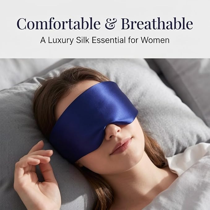 Silk Sleep Mask for Side Sleepers, Blackout Light Blocking Eye Mask for Sleeping, 100% 22 Momme Mulberry Silk, Full Coverage Face-Hugging Sleep Mask for Travel, Naps & Shift Workers, Blue