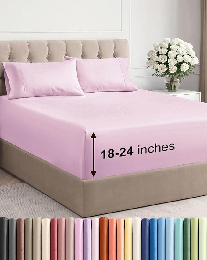 Extra Deep Full Sheet Set - 4 Piece Breathable & Cooling Bed Sheets - Easily Fits 18 to 24 inch Mattress - Ultra Soft, Wrinkle & Fade Free with Extra Deep Pockets - Hotel Luxury Bedding - Light Pink