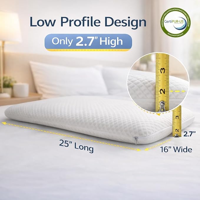 DLIGHT BD Ultra Slim 2.7" Stomach Sleeping Gel Infused Memory Foam Pillow- Ultra Thin and Flat Design for Stomach and Back Sleepers