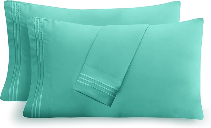 Mocassi 2-Piece Premium Standard/Queen Pillowcase Set 1800 Series Hotel Quality Microfiber - Soft and Breathable with 3-Line Embroidery Wrinkle and Stain Resistant, Easy Care, 20" x 30", Minted Aqua