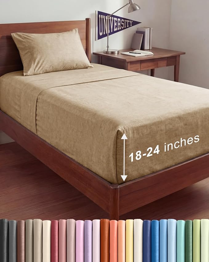 Extra Deep Twin XL Sheet Set - 3 Piece Breathable & Cooling Bed Sheets - Easily Fits 18 to 24 inch Mattress - Soft, Wrinkle & Fade Free with Extra Deep Pockets - Hotel Luxury Bedding - Heathered Tan