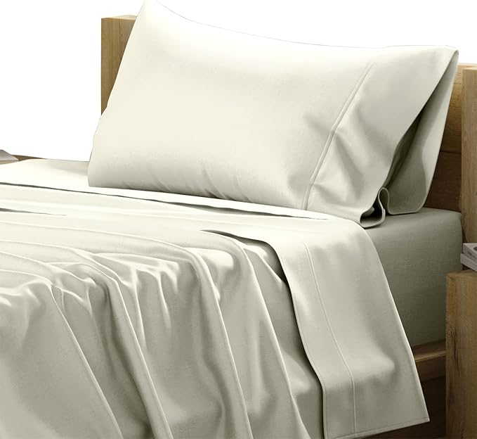 TEXAS LINEN CO. Luxury Egyptian Cotton Twin Size Sheet Set - Texan Talkin' Collection 600 Series 3 PC Deep Pocket Fitted and Flat Sheets, Extra Long Staple Sateen Bedding, Dorm Room Sheets - Ivory