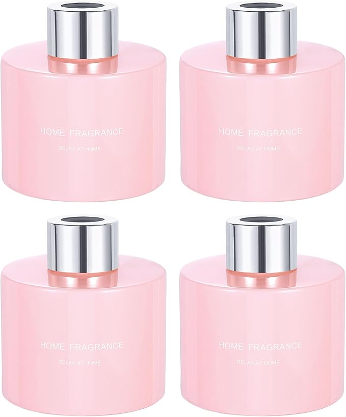 HARFINGTON 4pcs Empty Glass Diffuser Bottle 140ml/4.7oz Refillable Fragrance Accessories Aromatherapy Jar Container for Replacement Reed Diffuser DIY Home Bathroom Pink with Silver Tone Cap