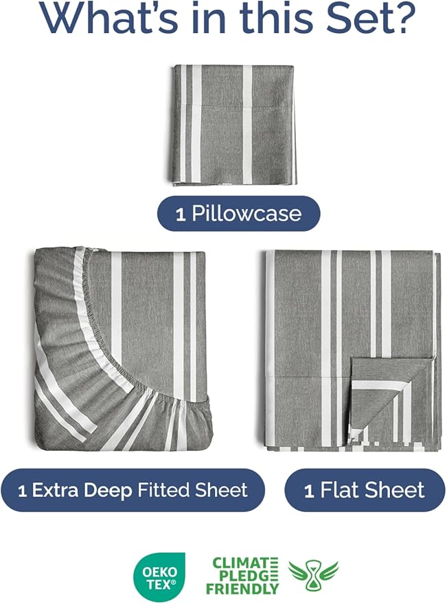 Extra Deep Twin Sheet Set - 3 Piece Breathable & Cooling Bed Sheets - Easily Fits 18 to 24 inch Mattress - Ultra Soft, Wrinkle & Fade Free w/ Extra Deep Pockets - Hotel Luxury Bedding - Grey Stripes 3