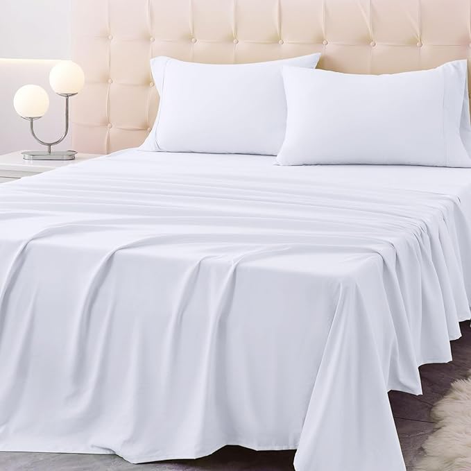 California King Size Bed Sheet Set - 4 Piece Soft Microfiber Sheets with Deep Pockets, Cooling Technology, and Wrinkle-Free Pillowcase. Hotel-Quality, Durable Bedding, Brilliant White