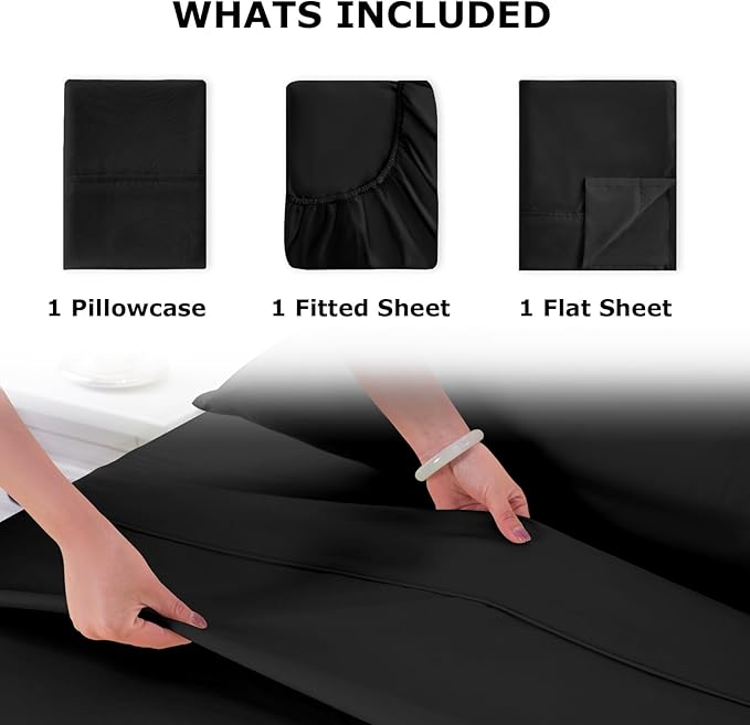 Twin Size Bed Sheet Set - 3 Piece Soft Microfiber Sheets with Deep Pockets, Cooling Technology, and Wrinkle-Free Pillowcase. Hotel-Quality, Durable Bedding, Black